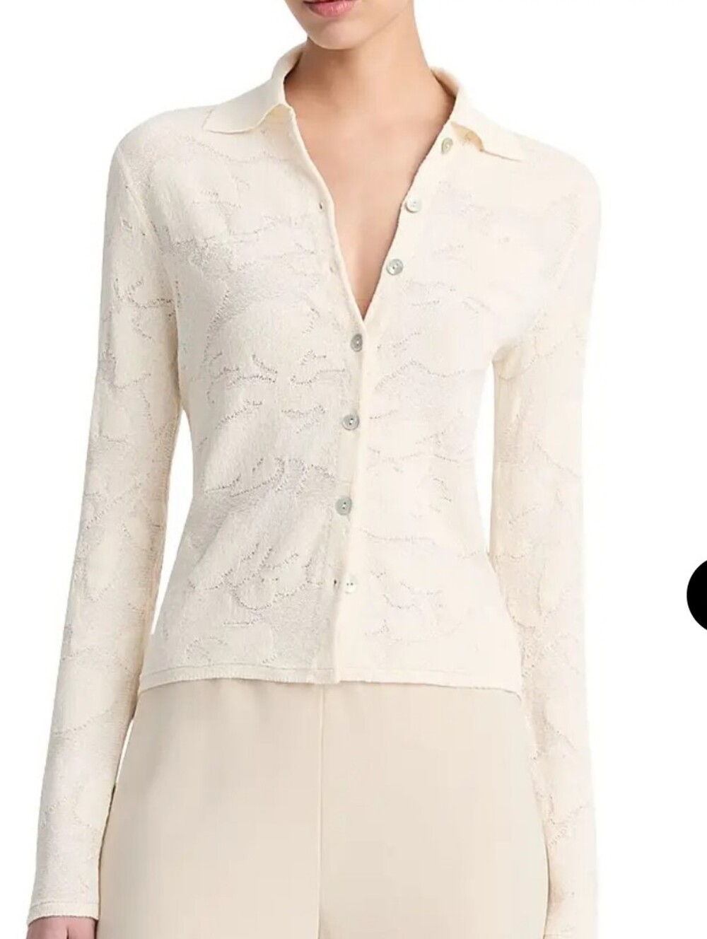 Vince Textured Floral Jacquard Knit Polo Cardigan | Ivory Italian Yarn Sweater